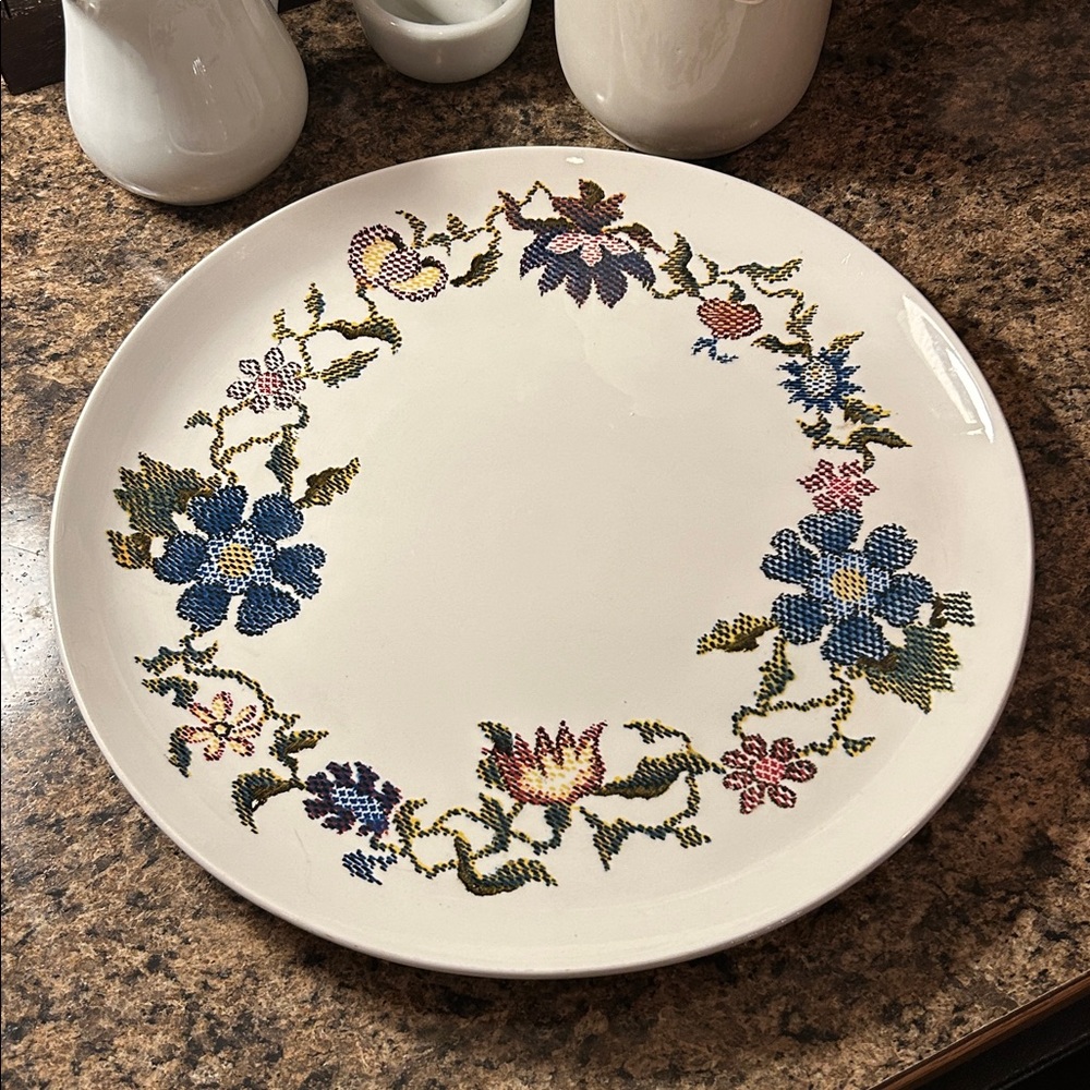 Ironstone Cross Stitch Floral Platter or Cake Plate
